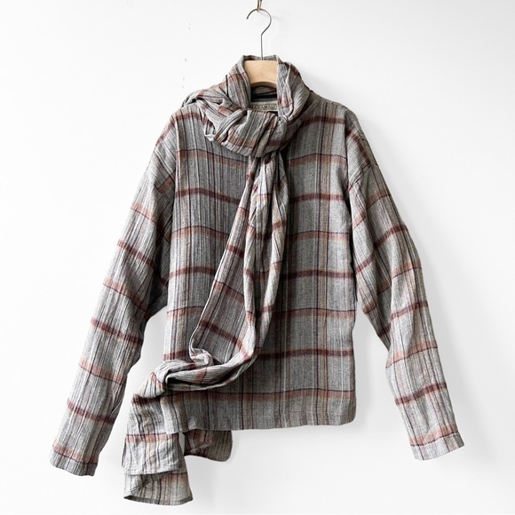 Norma Kamali Tops - Vintage Rare Norma Kamali Plaid Check Wool Neck Tie Blouse